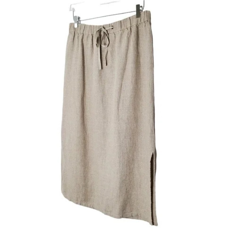 Eileen Fisher Organic Linen Midi Skirt S Tan Side Slits Lagenlook Retro Boho